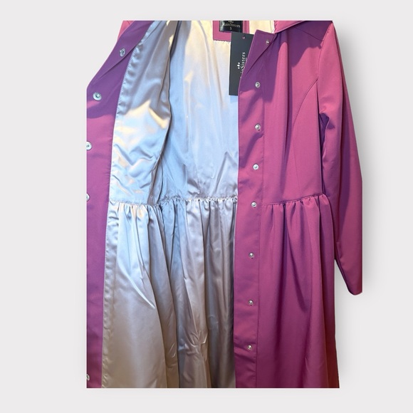 Women’s Fuchsia Pink Hooded Waterproof Button Up Peplum Rain Coat Dress - Picture 12 of 14